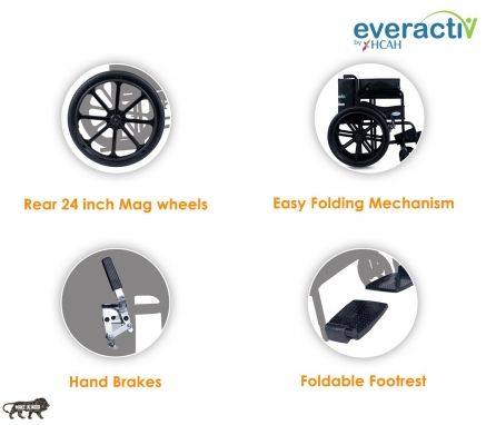 Everactiv Economy Foldable Basic Wheelchair with Safety belt with Weight Bearing Capacity of 120 Kg | Easy Foldable Mechanism